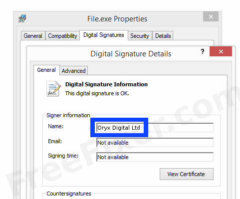Screenshot of the Oryx Digital Ltd certificate